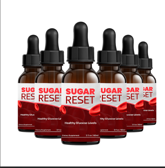 Six amber glass bottles of SugarReset Drops arranged in a fan
